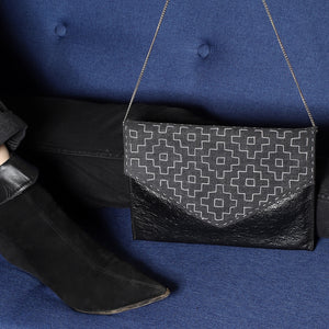 Pochette en cuire & Jeans Sashiko